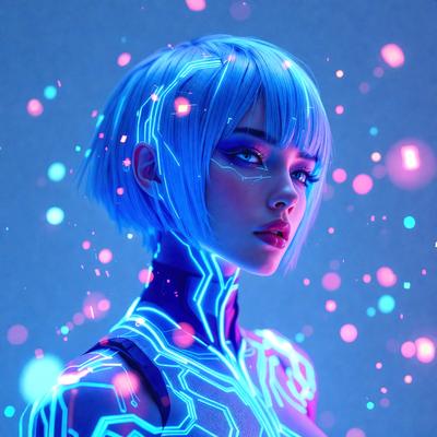 The primary subject of the image is a woman with blue hair and a futuristic, cyberpunk-inspired look. She is wearing a black dress and has a blue and pink color scheme. The setting is a futuristic environment, possibly a nightclub or a neon-lit cityscape. The visual style is a combination of digital art and illustration, creating a striking and unique image. The colors and mood of the image are predominantly blue and pink, giving it a vibrant and energetic atmosphere.